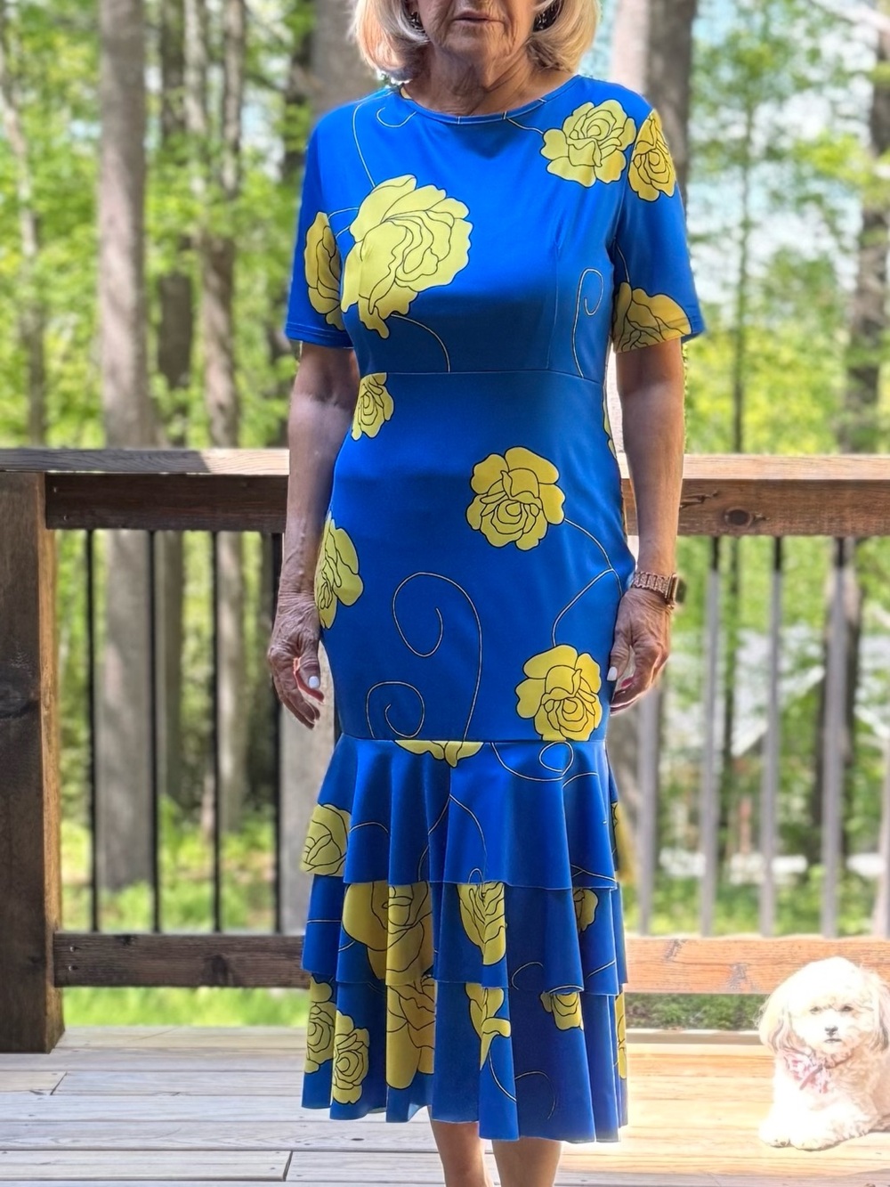 Blue & Yellow Floral Tiered Hem Women's Dress